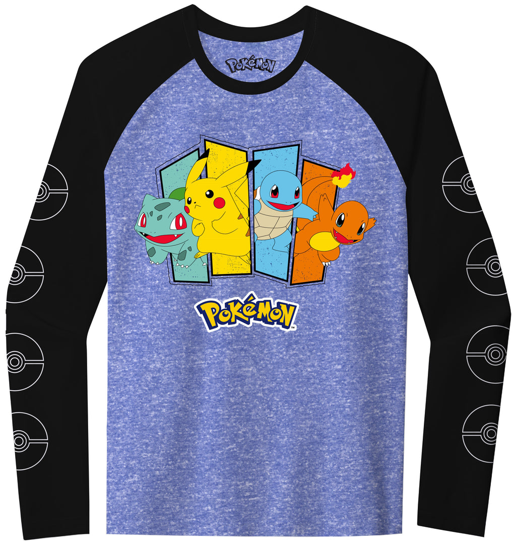 Pokemon Boys' Classic Starter Group Long Sleeve Raglan T-Shirt, Sizes XS-2XL