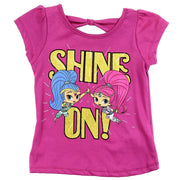 Toddler girl's shirt features Nickelodeon's Shimmer and Shine in a bow-back style.  Cap sleeves and gold glitter lettering finish off the look.  In magenta.  100% cotton.  Machine washable.  Imported.