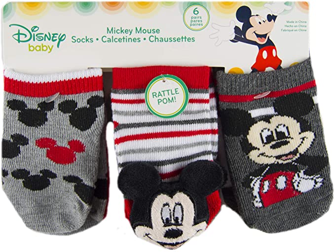 Disney Mickey Mouse Baby Boys' 6-Pack Socks with Foot Rattle, 6/12 Mon