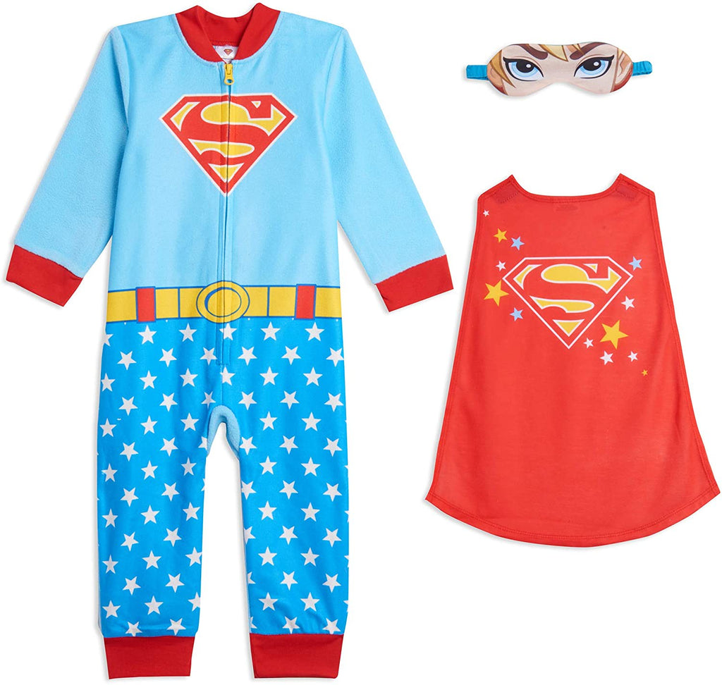 DC Comics Toddler & Little Girls Batgirl & Supergirl Zip-Up Pajama Coveralls with Cape and Sleep Mask, Sizes 2T-6X