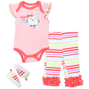 Buster Brown Baby Girls' 3 Piece Creeper, Pants and Sneakers Set, Girls 6/9 Months