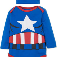 Marvel Baby Boys' Spiderman or Captain America Long Sleeve Bodysuit with Hat, 0-9 Months