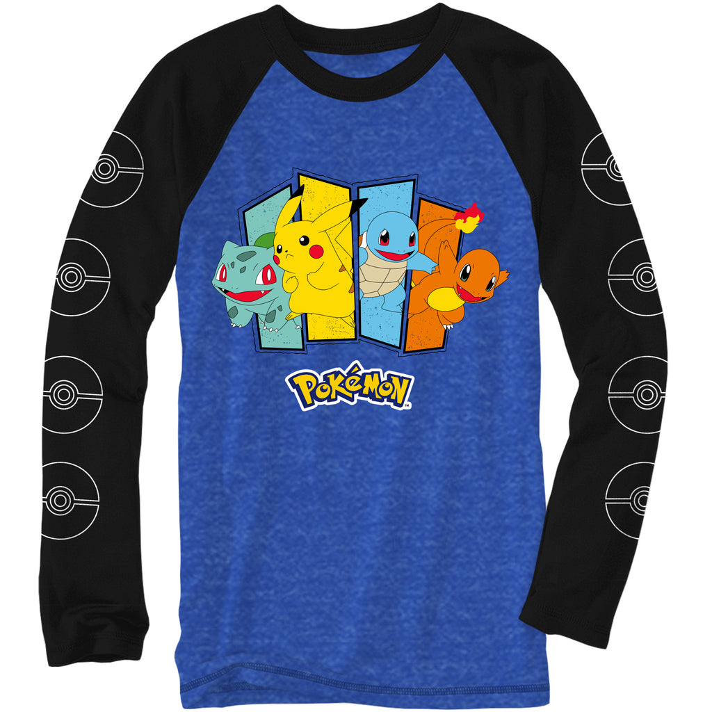 Pokemon Boys' Classic Starter Group Long Sleeve Raglan T-Shirt