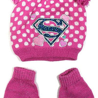 DC Comics Toddler Girls' Batgirl or Supergirl Pom Pom Beanie Hat & Mittens Set, One Size